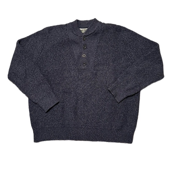 Eddie Bauer Men's Large Henley Sweater Heavyweight Heather Navy Button Up EUC - Picture 1 of 7